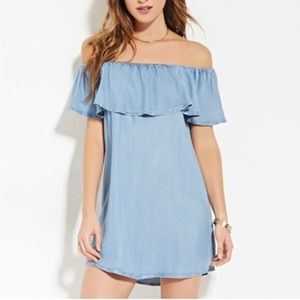 Chambray Off The Shoulder Ruffle Mini Dress/Tunic Signature Eight Size M EUC